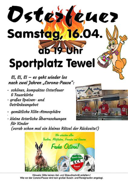 Osterfeuer in Tewel am Samstag, 16.April ab 19 Uhr