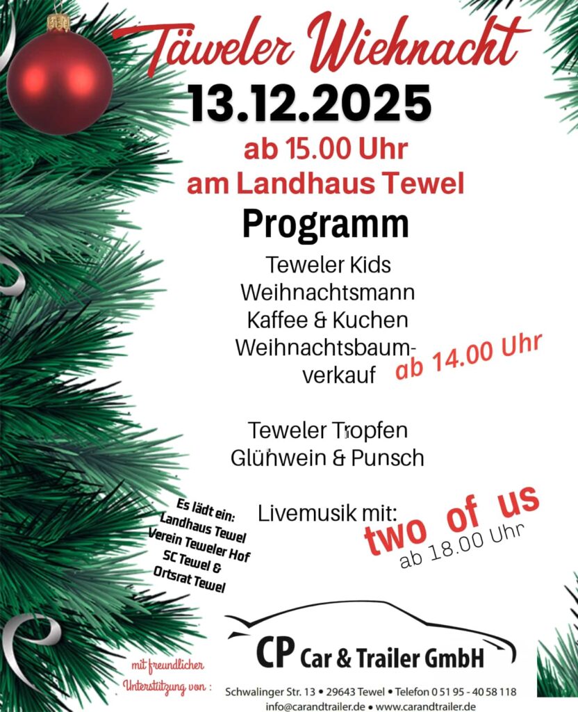 15.”Täweler Wiehnacht” am 13.12. mit Tannenbaum-Lieferservice