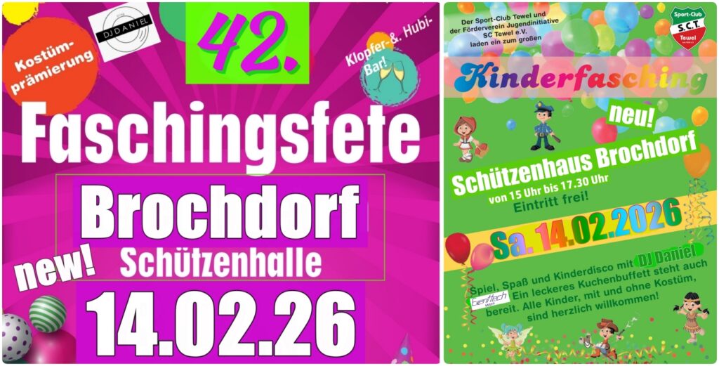 Faschingsfete & Kinderfasching am 14.Februar in der Schützenhalle Brochdorf