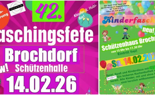 Faschingsfete & Kinderfasching am 14.Februar in der Schützenhalle Brochdorf
